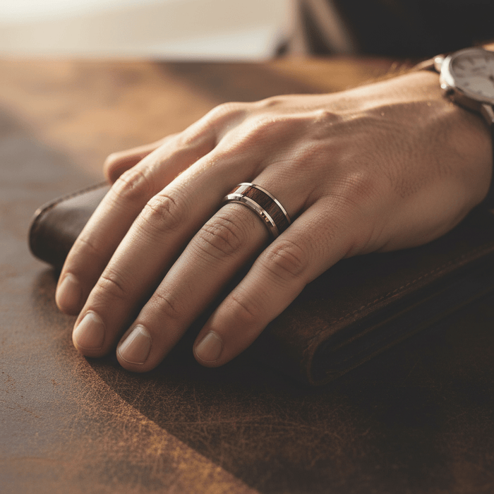 MYTHIC — lifestyle on hand — men's tungsten carbide wedding ring | Aydins Jewelry