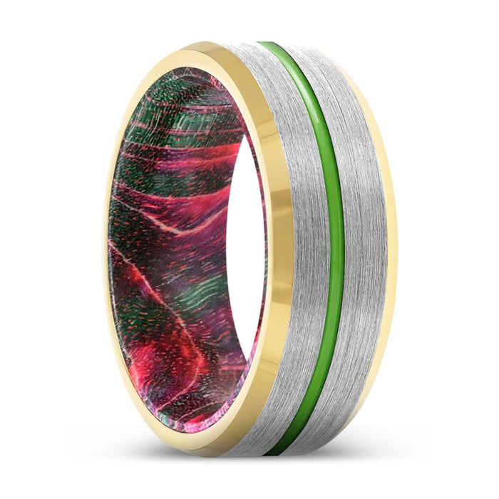 NADLER | Green and Red Wood, Silver Tungsten Ring, Green Groove, Gold Beveled Edge - Rings - Aydins Jewelry - 1
