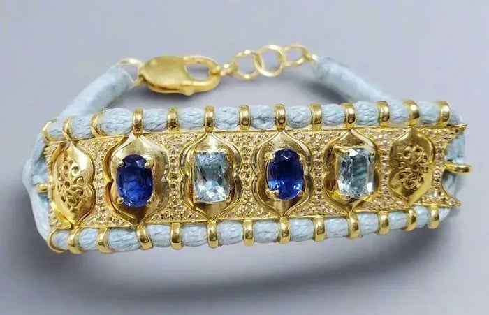 Natural Aquamarine & Kyanite Gold Vermeil Cord Bracelet - K Jewelry Accessories
