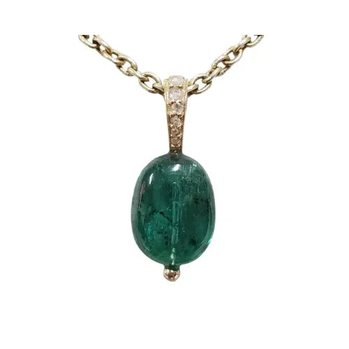 Natural Drilled Emerald With Diamonds Pendant in 14k Gold