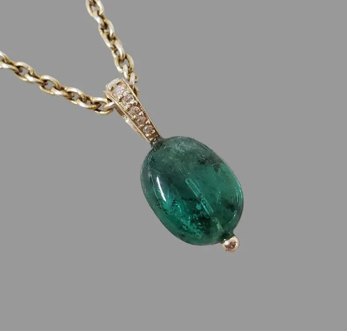 Natural Drilled Emerald With Diamonds Pendant in 14k Gold