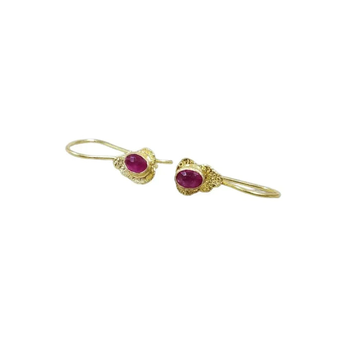 Natural Ruby 18k Gold Earring, Hammered Texture, Earwire Closure - K Jewelry Accessories