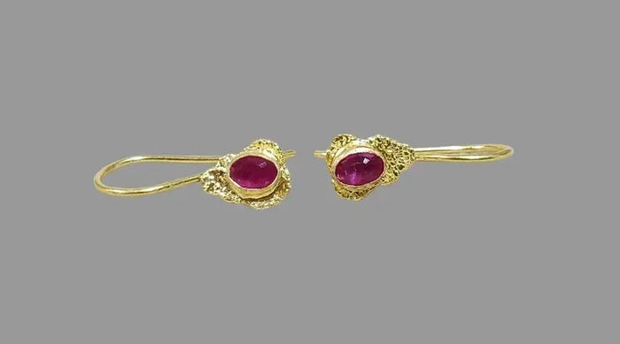 Natural Ruby 18k Gold Earring, Hammered Texture, Earwire Closure - K Jewelry Accessories