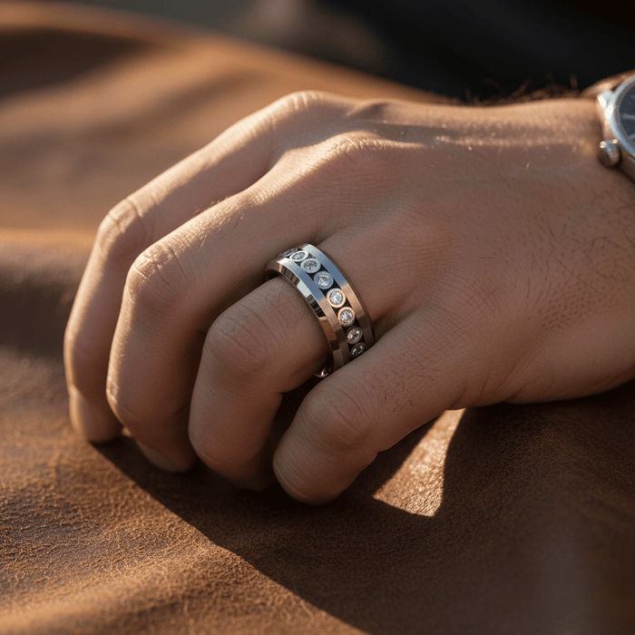 NESO — Lifestyle photo on hand — men's tungsten wedding ring.