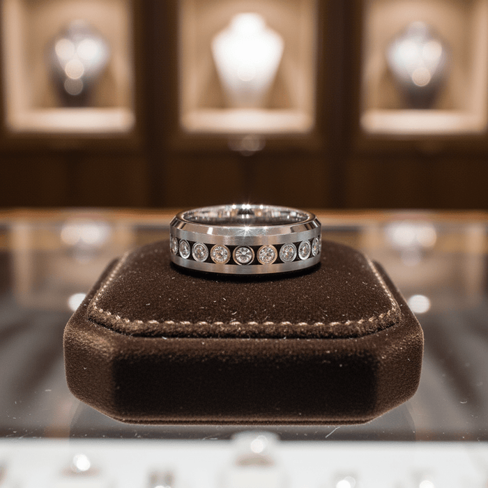 NESO — Premium boutique display on velvet — men's tungsten wedding ring.