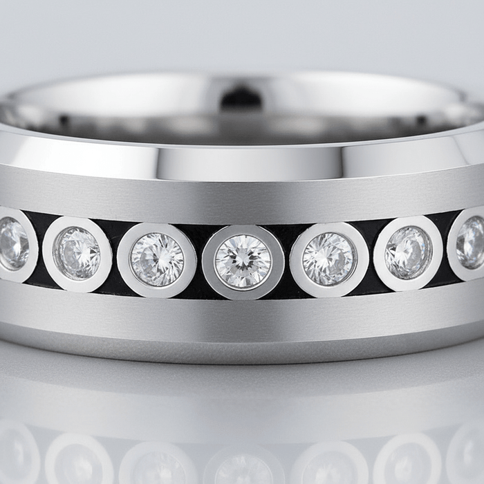 NESO — Extreme macro detail — men's tungsten wedding ring.