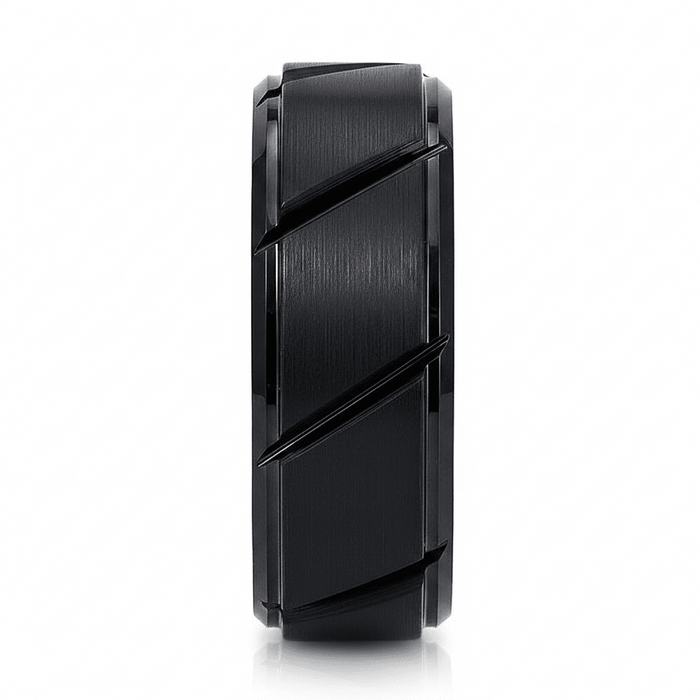 NIGHTWORK — detail view — men's tungsten carbide wedding ring | Aydins Jewelry