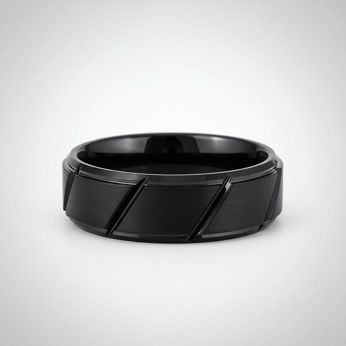 NIGHTWORK — angled view — men's tungsten carbide wedding ring | Aydins Jewelry