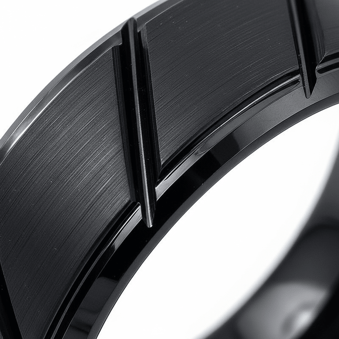 NIGHTWORK — close-up detail — men's tungsten carbide wedding ring | Aydins Jewelry