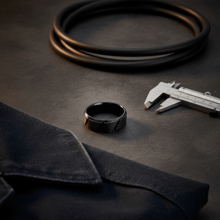 NIGHTWORK — close-up detail — men's tungsten carbide wedding ring | Aydins Jewelry