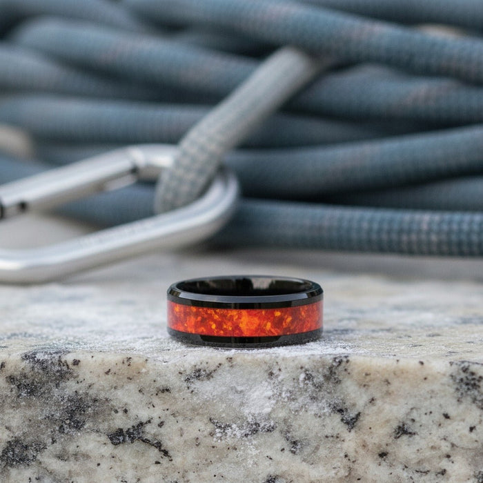 Aydins NOVA | Black Ceramic Ring, Opal Inlay lifestyle scene, climbing chalk