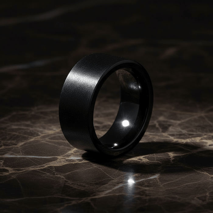 OBSIDIANIX — detail view — men's tungsten carbide wedding ring | Aydins Jewelry