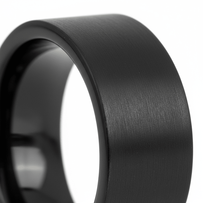OBSIDIANIX — close-up detail — men's tungsten carbide wedding ring | Aydins Jewelry