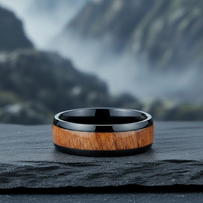 ODYSSEY | Black Ceramic Ring, Carpathian Elm Wood Inlay lifestyle photography