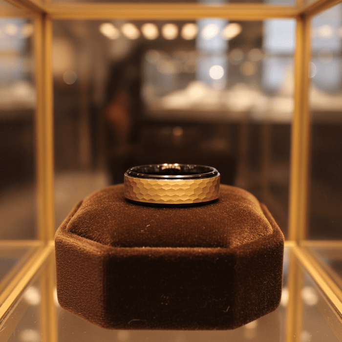 OZAK — Premium boutique display on velvet — men's tungsten wedding ring.