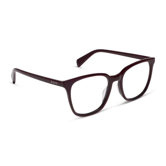 diff eyewear parker square prescription glasses with a dark cherry lacquer red acetate frame angled view