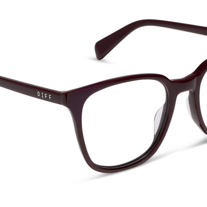 diff eyewear parker square prescription glasses with a dark cherry lacquer red acetate frame detailed view