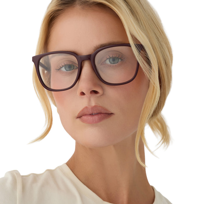 on model - blonde female wearing diff eyewear parker square prescription glasses with a dark cherry lacquer red acetate frame front view