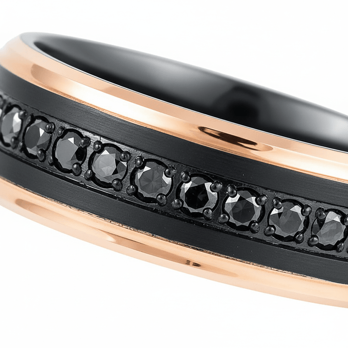 PASSINO black tungsten with rose gold edges ring extreme macro detail of black CZ eternity