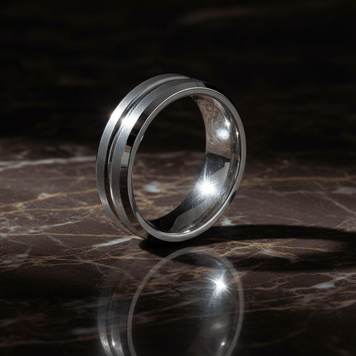 PATAGONIA — detail view — men's tungsten carbide wedding ring | Aydins Jewelry