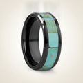 PIETRO polished black ceramic wedding band with light blue turquoise stone inlay running around the band and polished beveled edges, studio hero shot