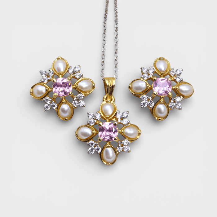 Pink Sapphire Pearl Floral Set – Pendant & Earrings - Monis Anas Jewellers