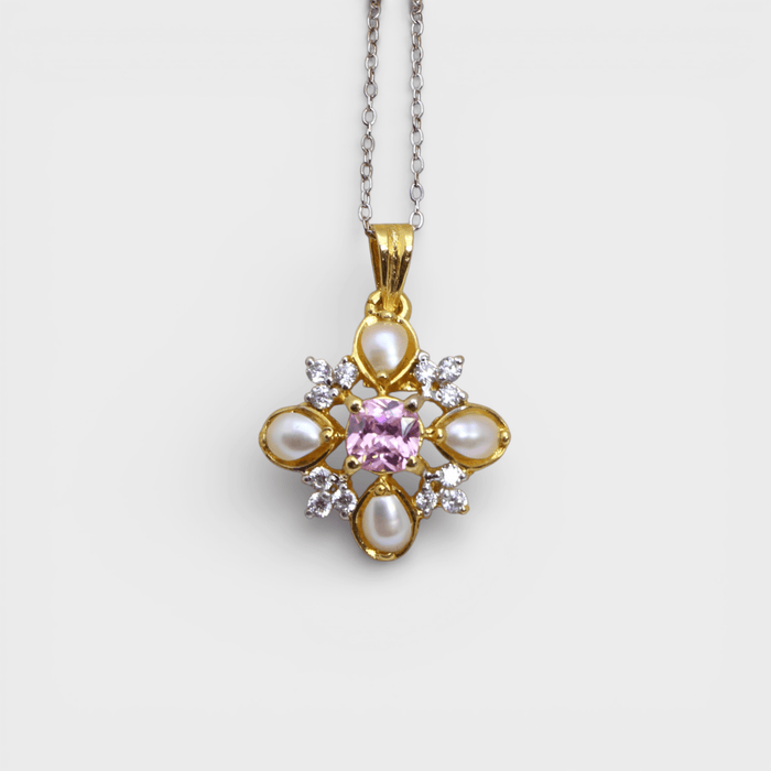 Pink Sapphire Pearl Floral Set – Pendant & Earrings - Monis Anas Jewellers