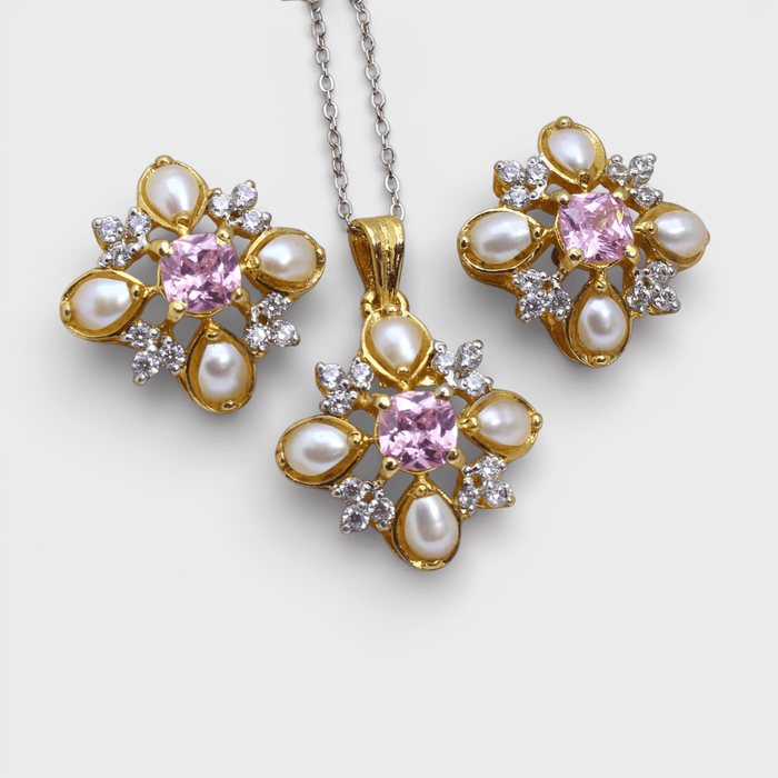 Pink Sapphire Pearl Floral Set – Pendant & Earrings - Monis Anas Jewellers