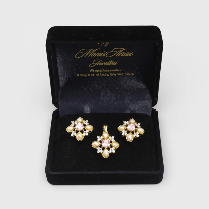 Pink Sapphire Pearl Floral Set – Pendant & Earrings - Monis Anas Jewellers