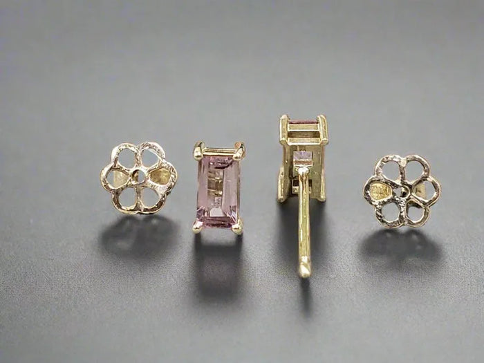 Pink Tourmaline Baguette Studs: 14k Gold Art Deco Earrings