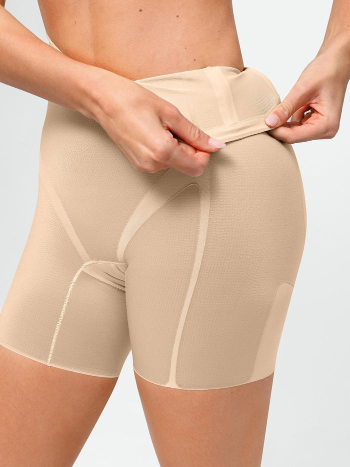 Popilush beige shaping compression butt-lifting shorts with seamless design and supportive panels.