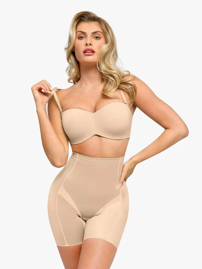 Popilush shaping compression butt-lifting shorts in nude, worn by a model to show tummy and thigh sculpting.
