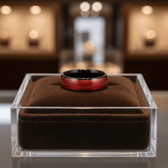POTLATCH — Premium boutique display on velvet — men's tungsten wedding ring.