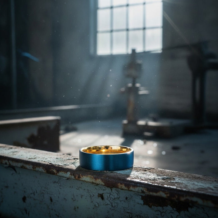 Aydins PRISTINE | Gold Ring, Blue Tungsten Ring, Brushed, Flat lifestyle scene, warehouse rust