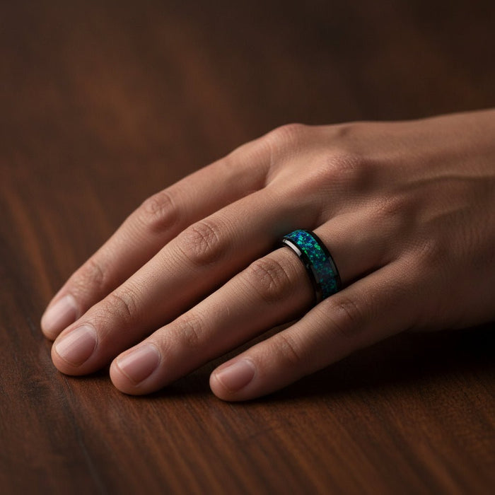 PULSAR black ceramic wedding band with emerald green and sapphire blue color opal inlay running around the band and polished beveled edges worn on man's hand resting on walnut wood, lifestyle photo