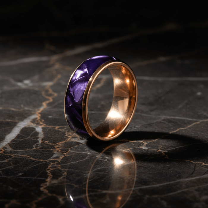 PURPLENA — Luxury 3/4 angle on dark marble — men's tungsten wedding ring.