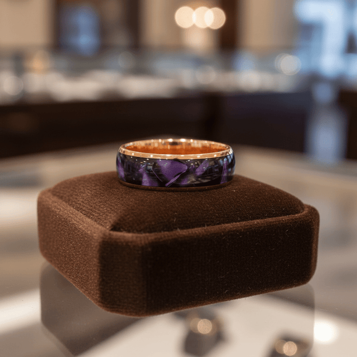 PURPLENA — Premium boutique display on velvet — men's tungsten wedding ring.
