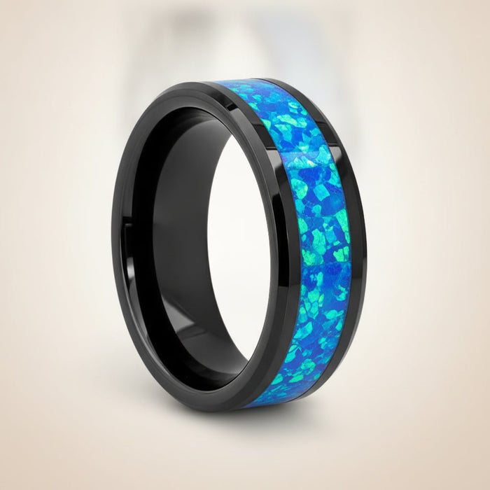 QUANTUM black ceramic wedding band with blue and green opal inlay running around the band and polished beveled edges, studio hero shot