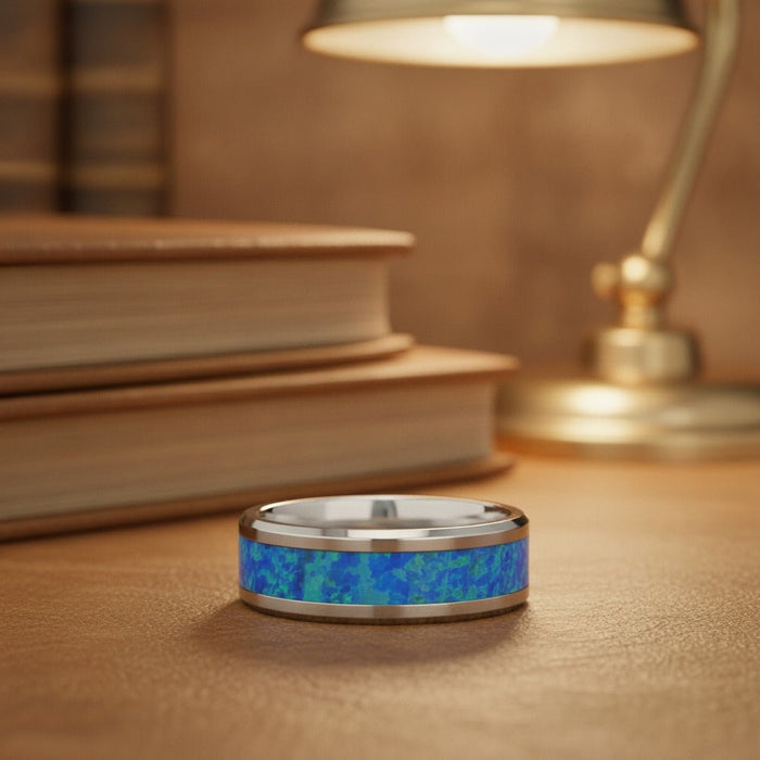 Aydins QUASAR | Tungsten Carbide Ring, Blue Green Opal Inlay lifestyle scene, leather library