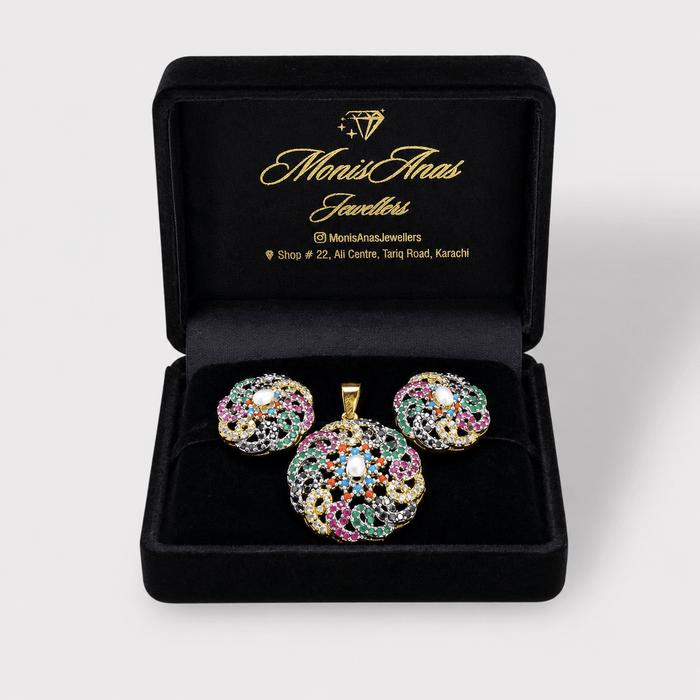 Rainbow Floral Pearl & Multicolor Gemstone Set - Monis Anas Jewellers
