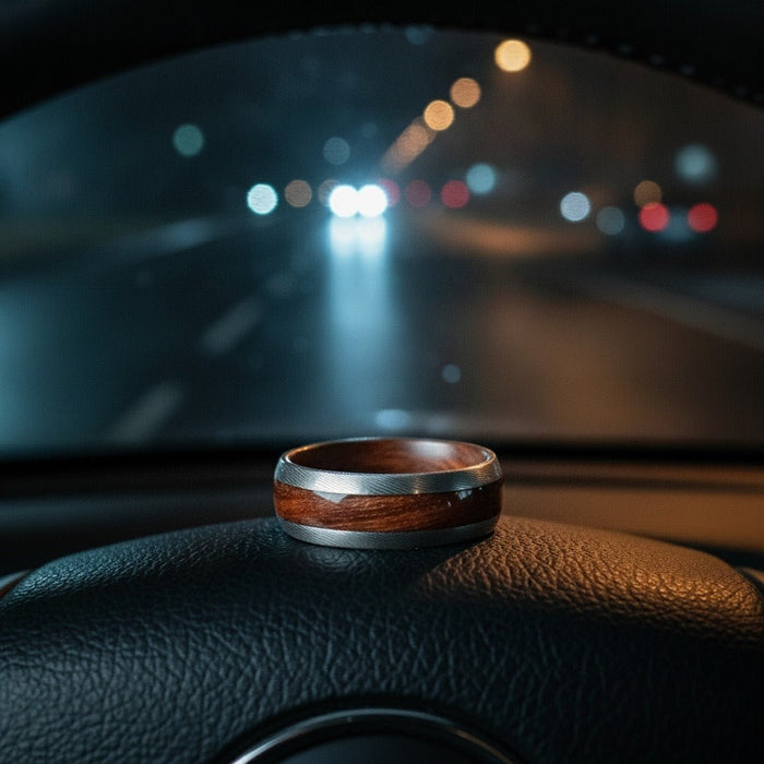 Aydins RANGO | Snake Wood, Silver Damascus Steel, Domed lifestyle scene, midnight drive