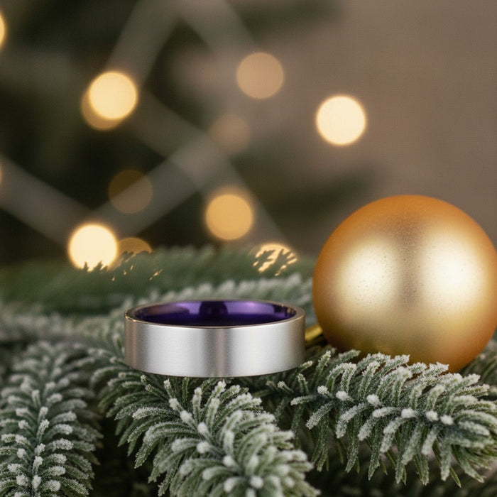 Aydins RAYHAN | Purple Ring, Silver Tungsten Ring, Shiny, Flat lifestyle scene, christmas evergreen