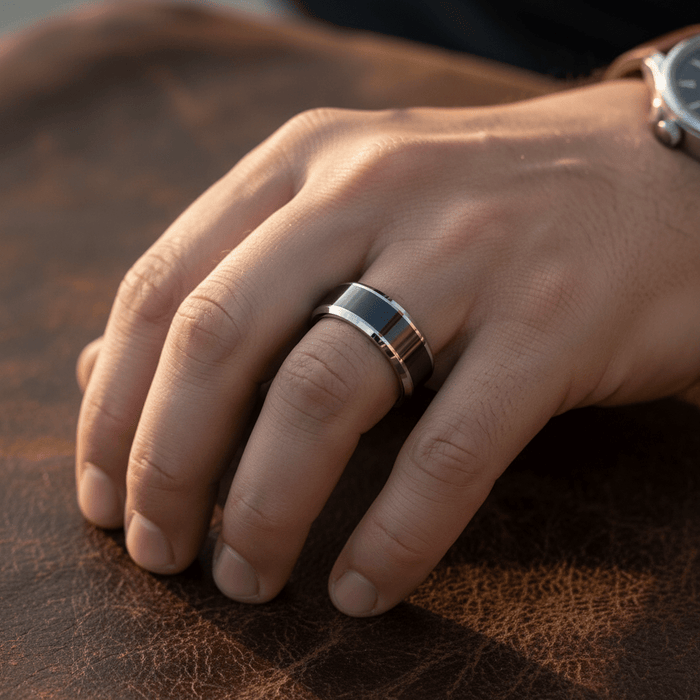 REBEL — lifestyle on hand — men's tungsten carbide wedding ring | Aydins Jewelry