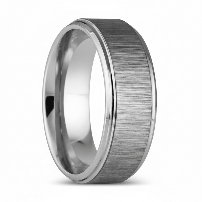 REFLECTIVA — Hero product shot — men's tungsten wedding ring.