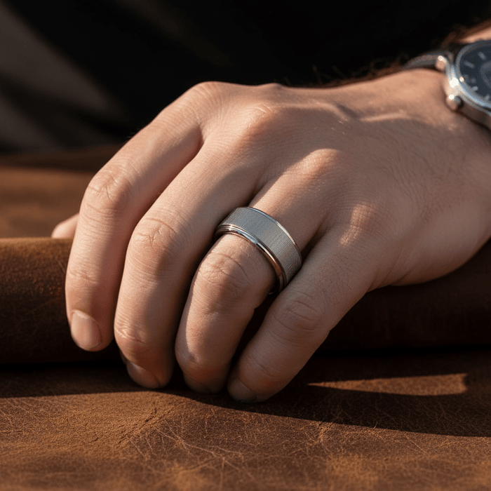 REFLECTIVA — Lifestyle photo on hand — men's tungsten wedding ring.
