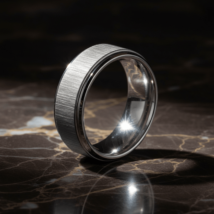 REFLECTIVA — Luxury 3/4 angle on dark marble — men's tungsten wedding ring.