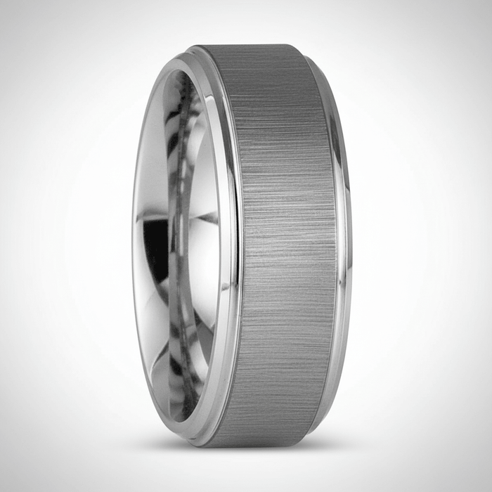 REFLECTIVA — Center-through axial view — men's tungsten wedding ring.