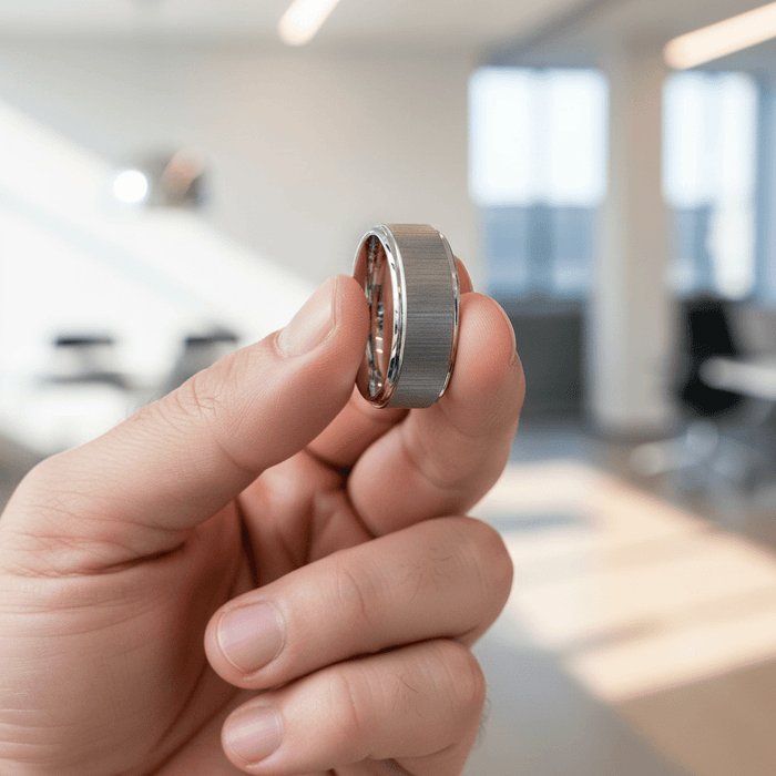 REFLECTIVA — Held between fingers close-up — men's tungsten wedding ring.