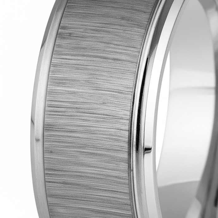 REFLECTIVA — Extreme macro detail — men's tungsten wedding ring.