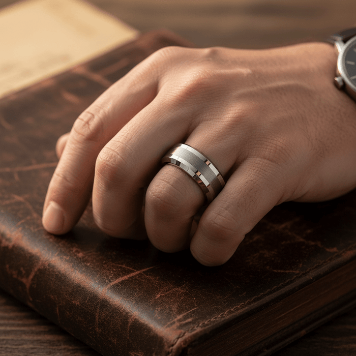 ROCK — lifestyle on hand — men's tungsten carbide wedding ring | Aydins Jewelry
